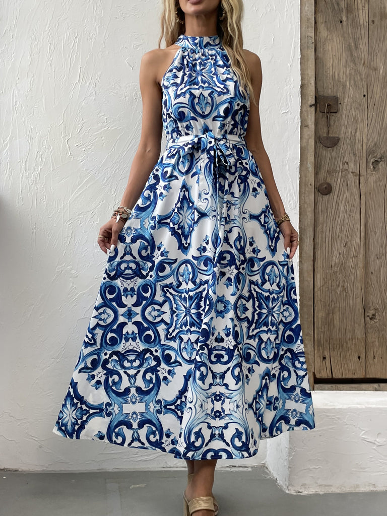 elveswallet  Floral Print Dress, Vacation Sleeveless High Waist Summer Maxi Dress, Women's Clothing