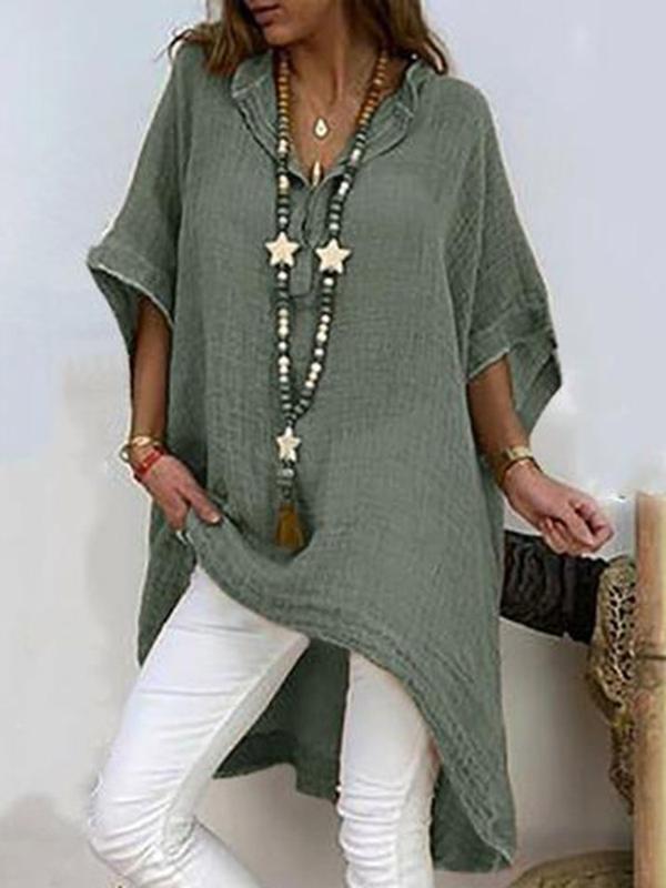 Plain Asymmetric Three-Quarter Sleeve Long Blouse