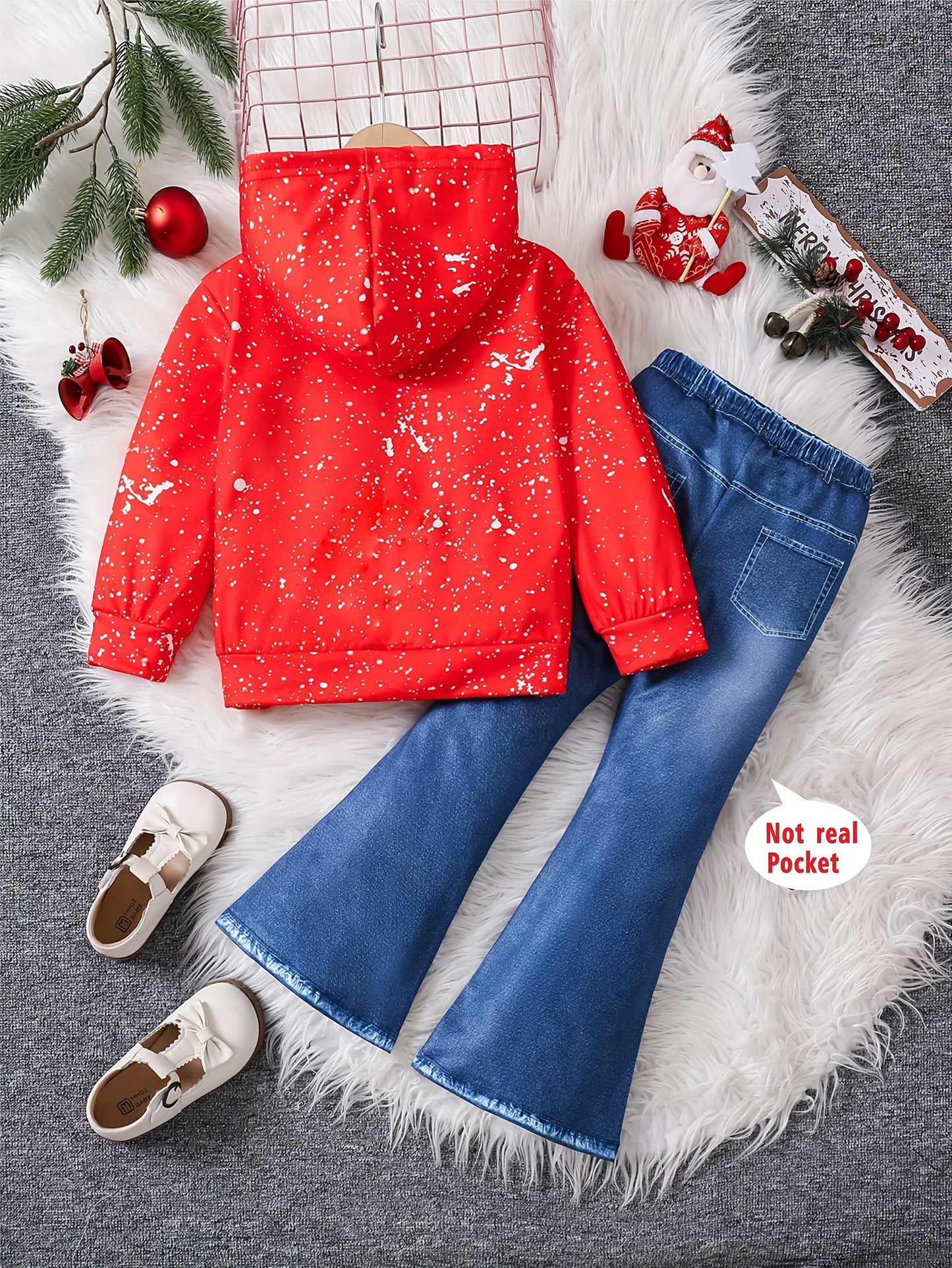 Girls' Festive Christmas 2pcs Set: Santa Print Hoodie & Stretchy Faux Denim Flare Pants - Perfect Holiday Gift, Perfect for Outdoor