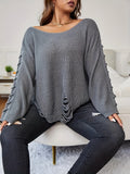 elveswallet  Plus Size Casual Sweater, Women's Plus Solid Jacquard Ripped Boat Neck Pull Over Sweater
