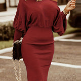 elveswallet  Lantern Sleeve High Waist Pencil Dress, Elegant Solid Bag Hip Midi Dress, Women's Clothing