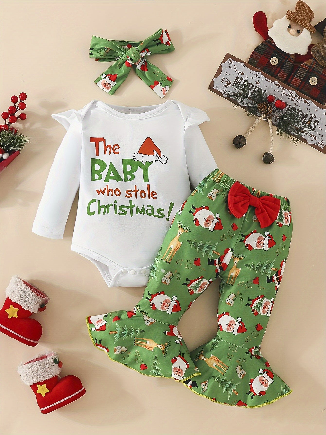 2pcs Baby's THE BABY WHO STOLE CHRISTMAS Print Bodysuit + Hairband + Bow Decor Bell-bottom Pants, Toddler & Infant Girl's Clothing Set, Outdoor Cloth