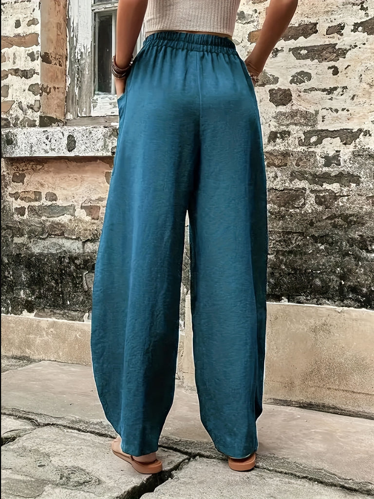 elveswallet  Boho Solid Elastic Waist Harem Pants, Casual Long Length Pants With Pockets For Spring & Summer, Women's Clothing