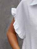 Ruffle Trim Solid Blouse, Casual Turn Down Collar Button Front Short Sleeve Blouse, Women's Clothing