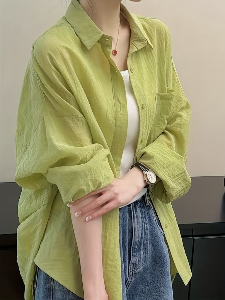 elveswallet  Drop Shoulder Button Front Shirt, Casual Long Sleeve Shirt For Spring & Fall, Women's Clothing