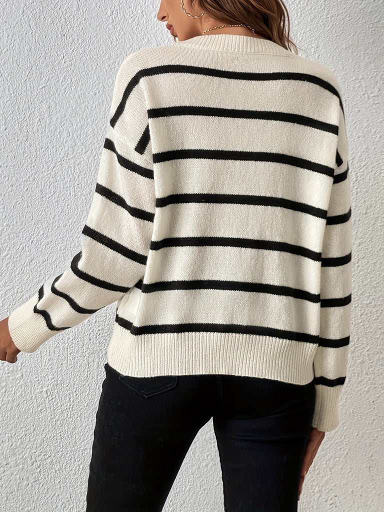 elveswallet  Striped V Neck Pullover Sweater, Casual Long Sleeve Sweater For Spring & Fall, Women's Clothing