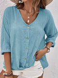elveswallet  Plus Size Casual Blouse, Women's Plus Solid Button Up Roll Up Sleeve V Neck Slight Stretch Top