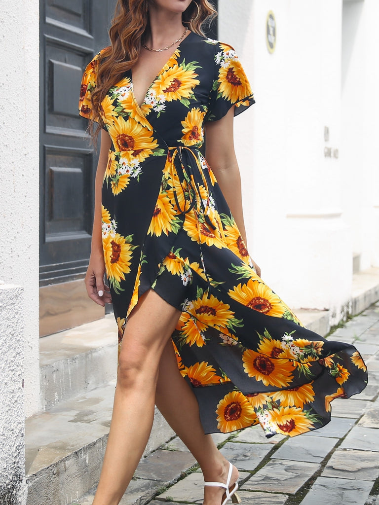 Sunflower Print Surplice Neck Dress, Vacation Flutter Sleeve Drawstring Dress For Spring & Summer, Women's Clothing