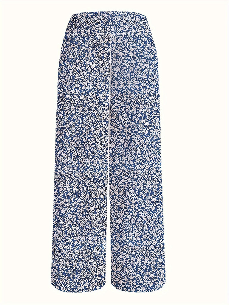elveswallet  Plus Size Boho Pants, Women's Plus Floral Print High Waist Wide Leg Pants With Pockets