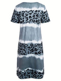 elveswallet  Plus Size Casual Dress, Women's Plus Tie Dye Leopard Short Sleeve V Neck Slight Stretch Dress