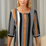 kkboxly  Colorblock Dot & Stripe Print Blouse, Casual Crew Neck Half Sleeve Blouse For Spring & Summer, Women's Clothing