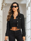 elveswallet  Black Long Sleeves Denim Jackets, Single-Bresated Button Lapel Cropped Denim Coats, Women's Denim Clothing