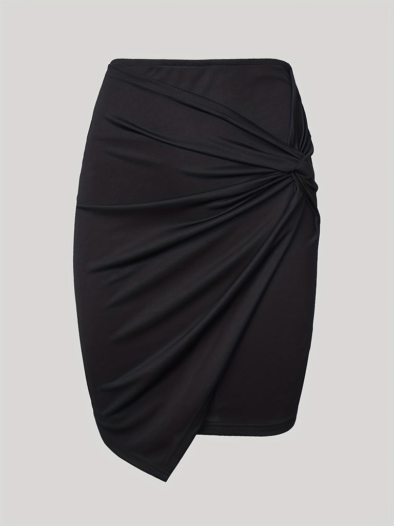 elveswallet  Solid Side Twist Ruched Skirt, Elegant Bodycon Asymmetrical Hem Skirt For Spring & Summer, Women's Clothing
