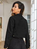 elveswallet  Black Long Sleeves Denim Jackets, Single-Bresated Button Lapel Cropped Denim Coats, Women's Denim Clothing