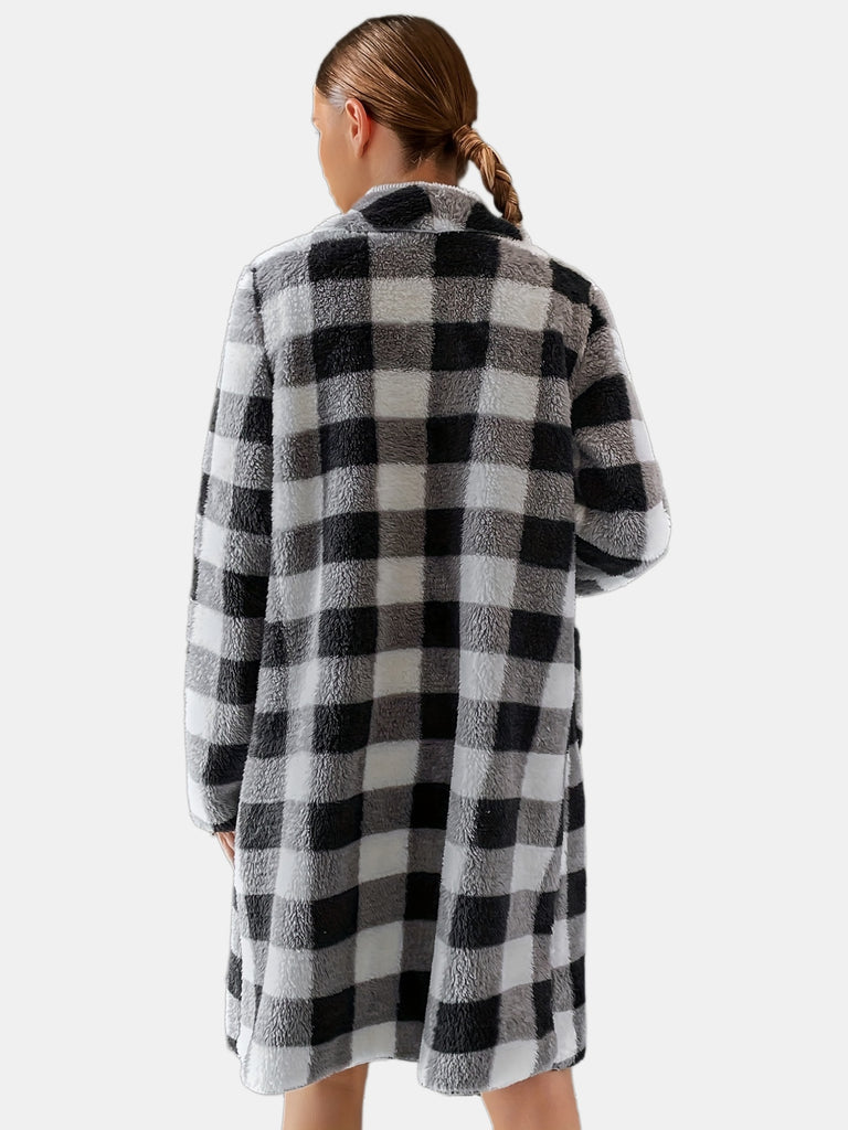 elveswallet  Gingham Print Jacket, Casual Open Front Long Length Winter Outerwear With Pockets, Women's Clothing