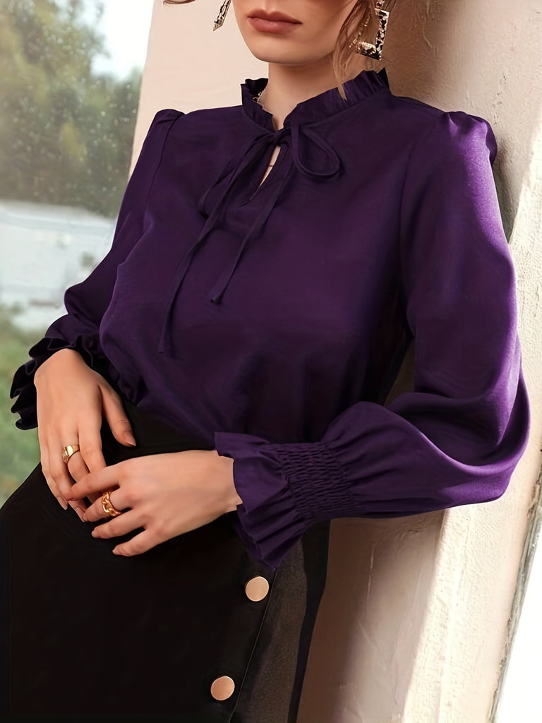 elveswallet  Tie Front Ruffle Trim Blouse, Elegant Solid Long Sleeve Blouse, Women's Clothing