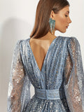 elveswallet  Puff Sleeve Lace Bronzing Bridesmaid Dress, Elegant V-neck Dress For Wedding Party, Women's Clothing