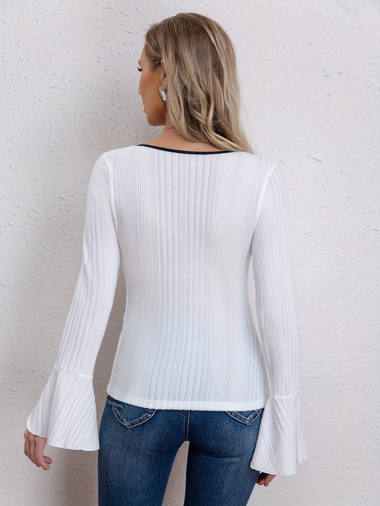 Ribbed Crew Neck T-Shirt, Casual Ruffle Cuff Long Sleeve Top For Spring & Fall, Women's Clothing