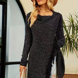 Solid Tassel Trim Knit Cardigan, Elegant Open Front Asymmetrical Hem Sweater, Women's Clothing