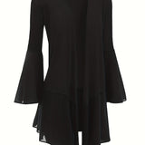 Plus Size Elegant Overcoat, Women's Plus Contrast Mesh Bell Sleeve Open Front Slight Stretch Asymmetric Hem Cardigan