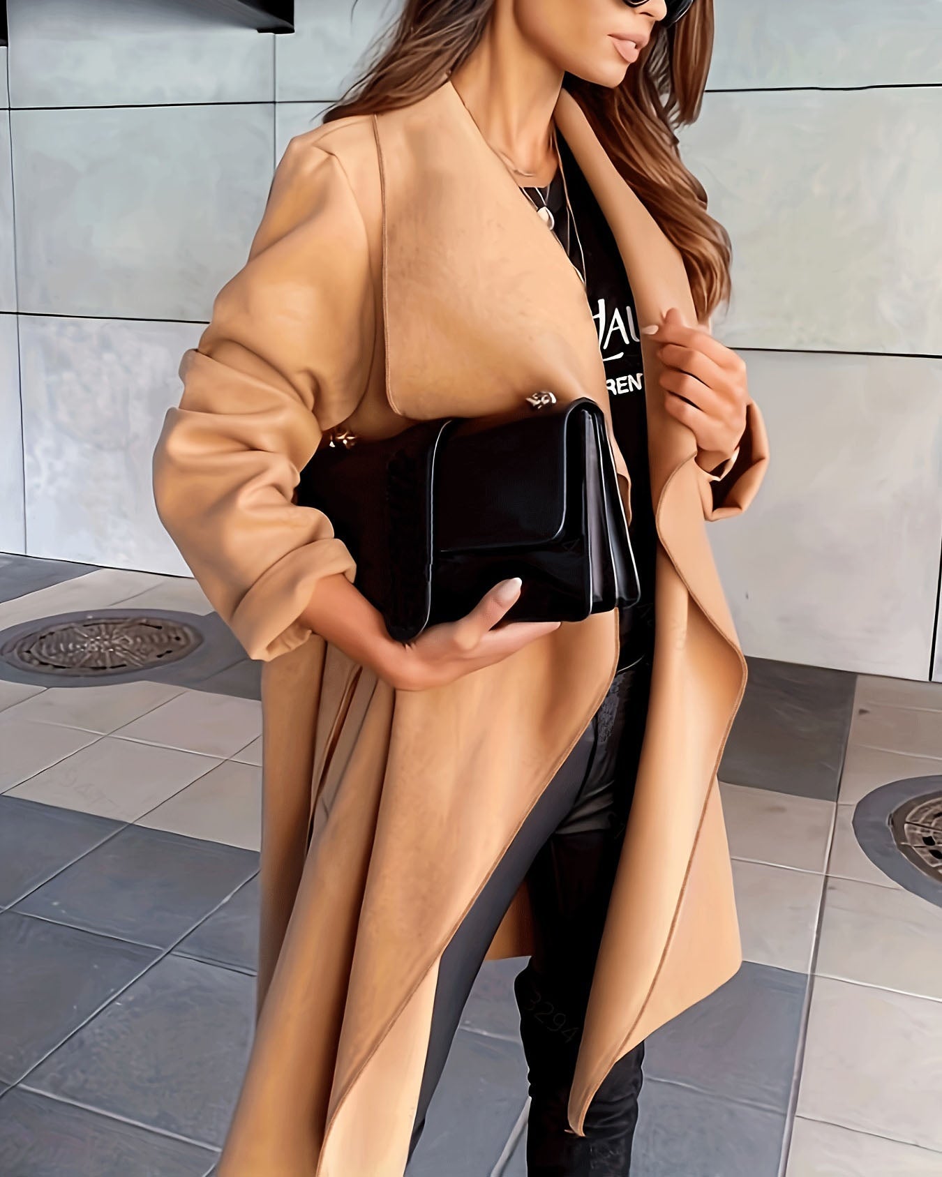 elveswallet Elegant Waterfall Collar Open Front Belt Woolen Coat