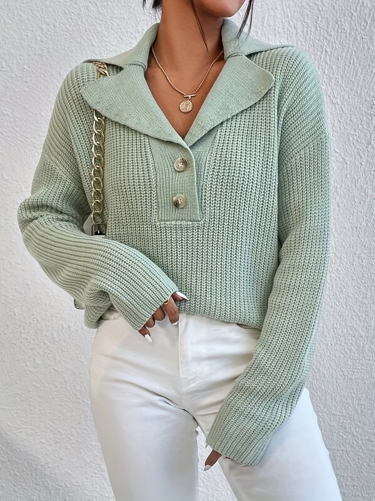 Lapel Buttons V-neck Sweater, Casual Solid Long Sleeve Loose Fall Winter Knit Sweater, Women's Clothing