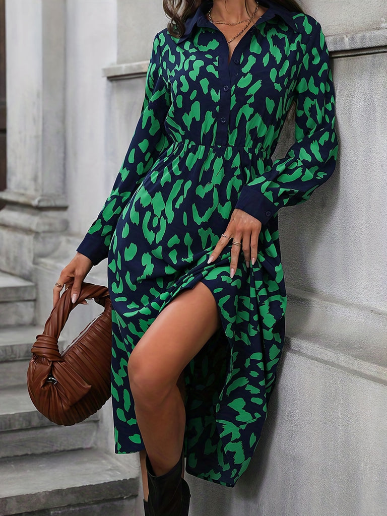Leopard Print Midi Dress, Elegant Button Front Long Sleeve Dress, Women's Clothing