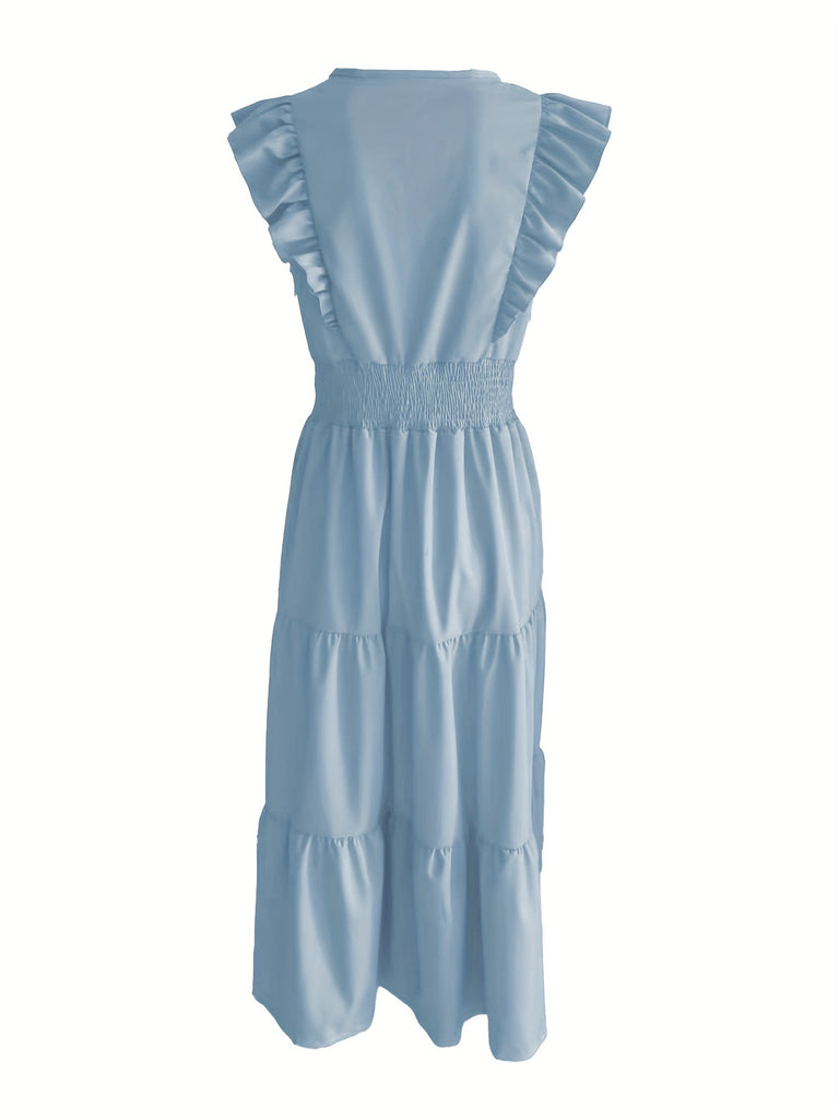 Shirred Waist Ruffle Hem Tiered Dress, Elegant V Neck Layered Dress, Women's Clothing