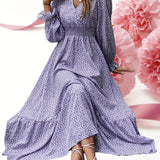 elveswallet  Pin Dot Print High Waist Dress, Elegant V Neck Long Sleeve Maxi Dress, Women's Clothing