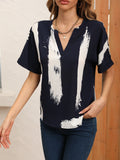 Brush Print Blouse, V Neck Casual Short Sleeve Blouse, Women's Clothing