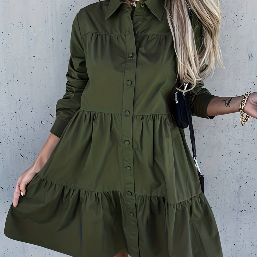 elveswallet  Button Front Solid Dress, Casual Ruched Long Sleeve Dress With A Collar, Women's Clothing
