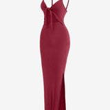 Sexy Spaghetti Strap Ribbed Knot Cutout Side Split Maxi Dress, Solid Body-Con Dress For Spring & Fall, Women's Clothing