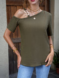 elveswallet  Waffle Asymmetrical Blouse, Casual Chain Slanted Shoulder Short Sleeve Blouse, Women's Clothing