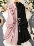 elveswallet  Plus Size Casual Dress, Women's Plus Colorblock Lantern Sleeve Lapel Collar Button Up Belted Maxi Dress