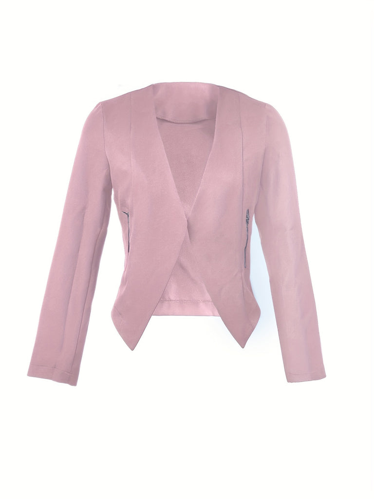Zipper Open Front Blazer, Elegant Long Sleeve Solid Outerwear, Women's Clothing