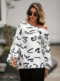 Abstract Print Blouse, Casual Slanted Shoulder Lantern Sleeve Blouse, Women's Clothing