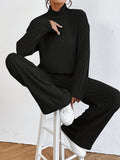 Solid Ribbed Two-piece Set, Turtleneck Long Sleeve Tops & Wide Leg Pants Outfits, Women's Clothing