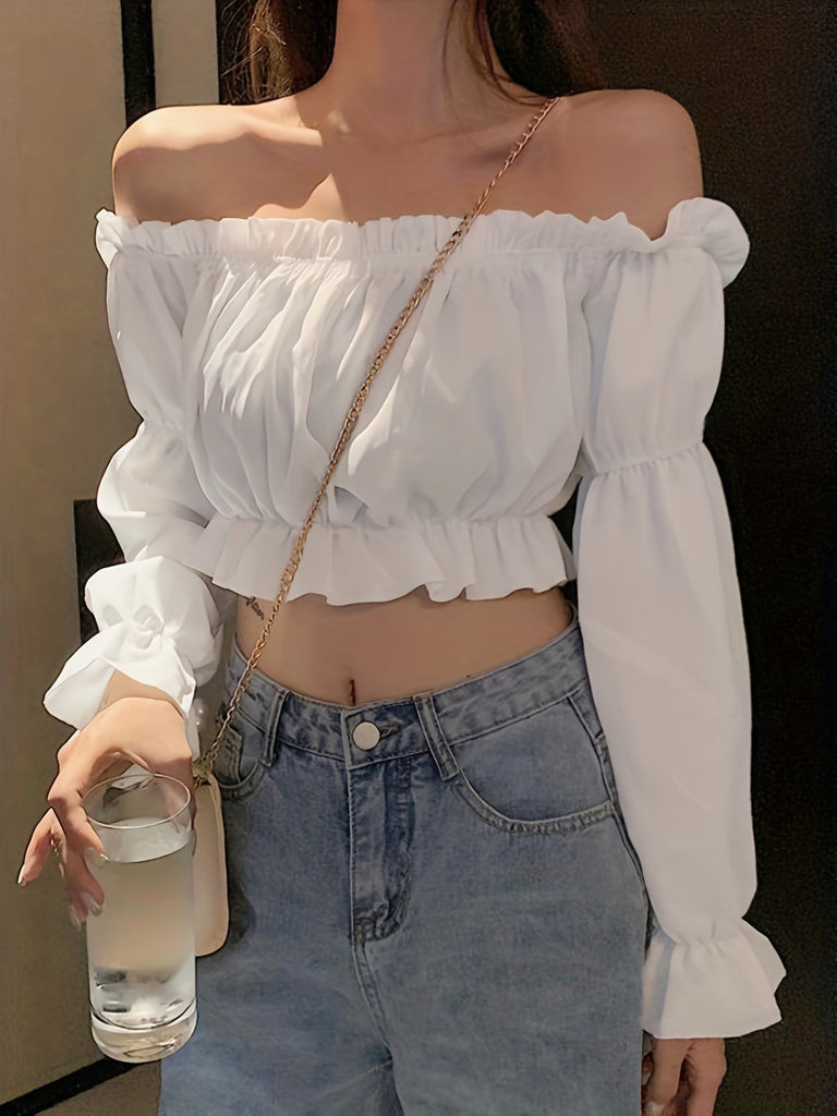 kkboxly  Off Shoulder Ruffle Trim Blouse, Long Sleeve Casual Crop Top, Women's Clothing