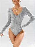 elveswallet  Solid V Neck Rib Knit Bodysuit, Casual Long Sleeve Slim Bodysuit, Women's Clothing