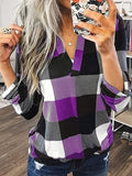elveswallet  Casual Plaid Shirt, Long Sleeve V-neck Shirt,  Casual Every Day Tops, Women's Clothing