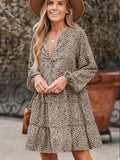 Leopard Print V Neck Dress, Casual Button Front Long Sleeve Dress, Women's Clothing