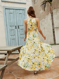 elveswallet  Floral Print Halter Neck Dress, Vacation Sleeveless High Waist Maxi Dress, Women's Clothing