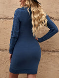 Solid Cable Knit Sweater Dress, Elegant V Neck Long Sleeve Mini Dress, Women's Clothing