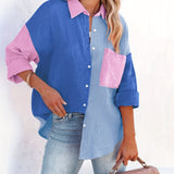 Color Block Stitching Shirt, Casual Pocket Long Sleeve Button Down Shirt, Women's Clothing