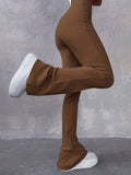 Casual Rib Simple Slim Leggings Pants, Solid High Waisted Fashion Fall & Winter Long Pants, Women's Clothing