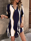 elveswallet  Abstract Stripe Print Dress, Casual V Neck Rollable Sleeve Dress, Women's Clothing