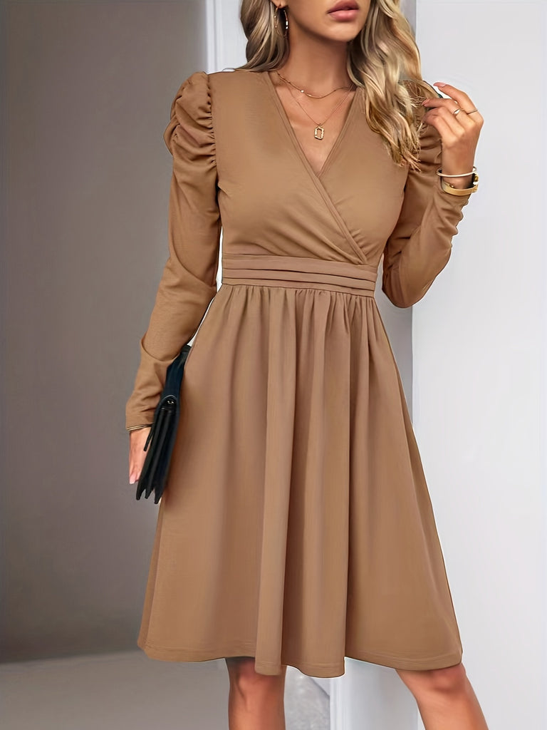 elveswallet  Surplice Neck Solid Dress, Elegant Long Sleeve Midi Dress, Women's Clothing