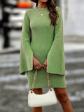 elveswallet  Split Long Sleeve Sweater Dress, Elegant Solid Crew Neck Dress, Women's Clothing
