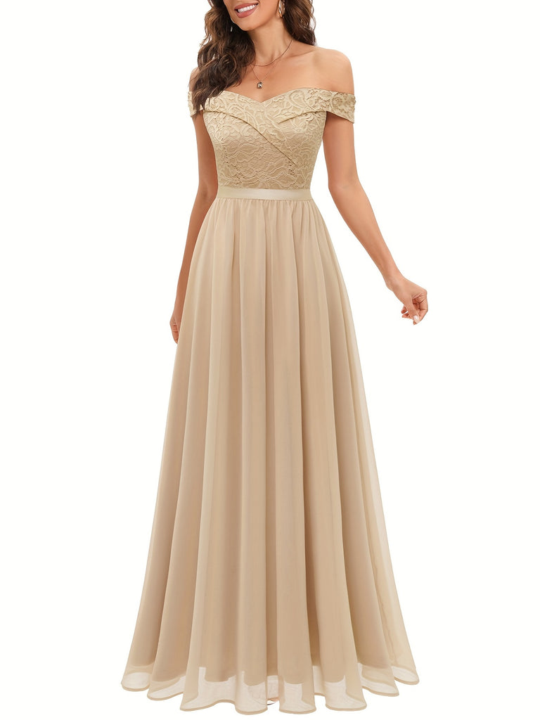 Off Shoulder Bridesmaid Dress, Elegant Solid Color Dress For Wedding Party, Women's Clothing