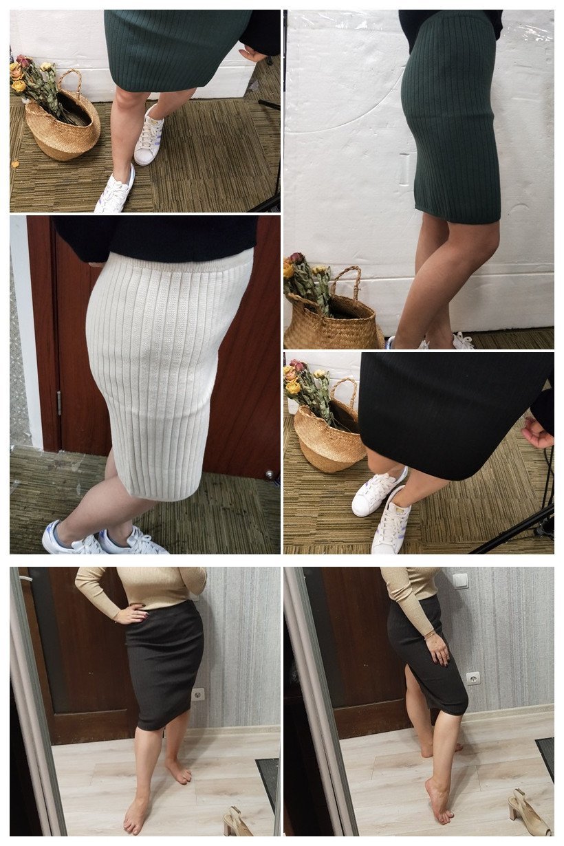 elveswallet Elastic Band Knitted Ribbed Straight Skirt